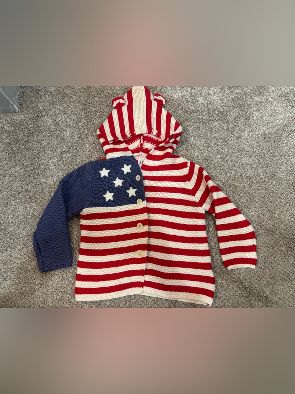 NEW!Baby Gap American Flag Patriotic Hooded Button Up Knit Cardigan 18-24 months